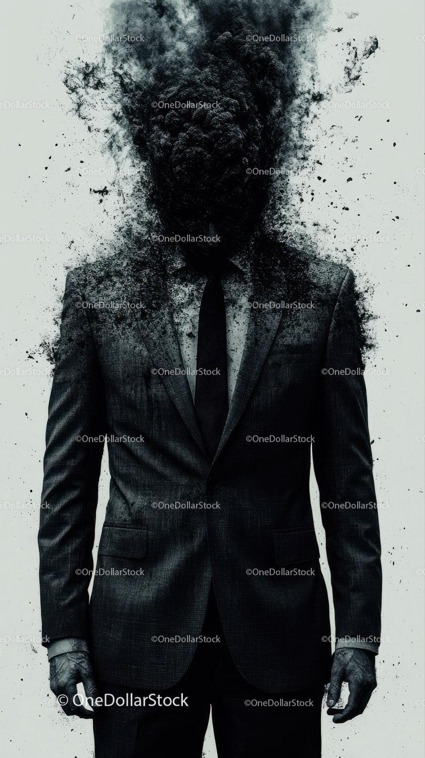 Figure in dark suit with head dissolving into black smoke and particles