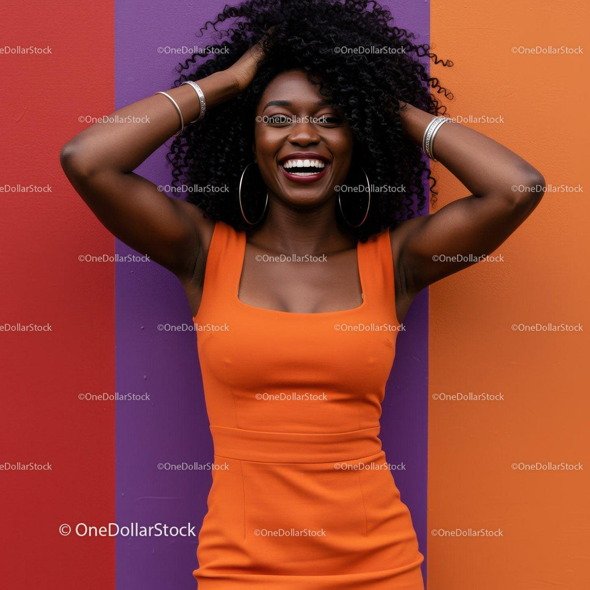 Vibrant Smiling Woman in Orange Dress with Colorful Background