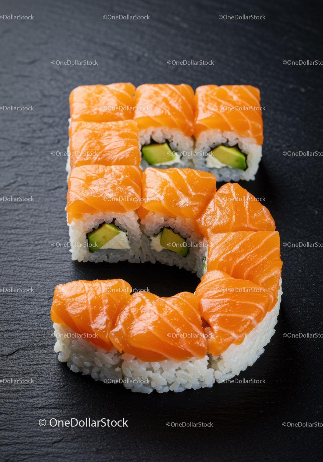 Fresh salmon sushi rolls arranged neatly on black slate