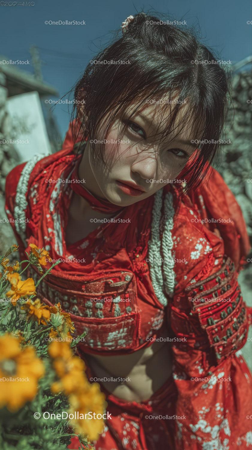 Young Woman in Red Jacket Surrounded by Bright Yellow Flowers Outdoors