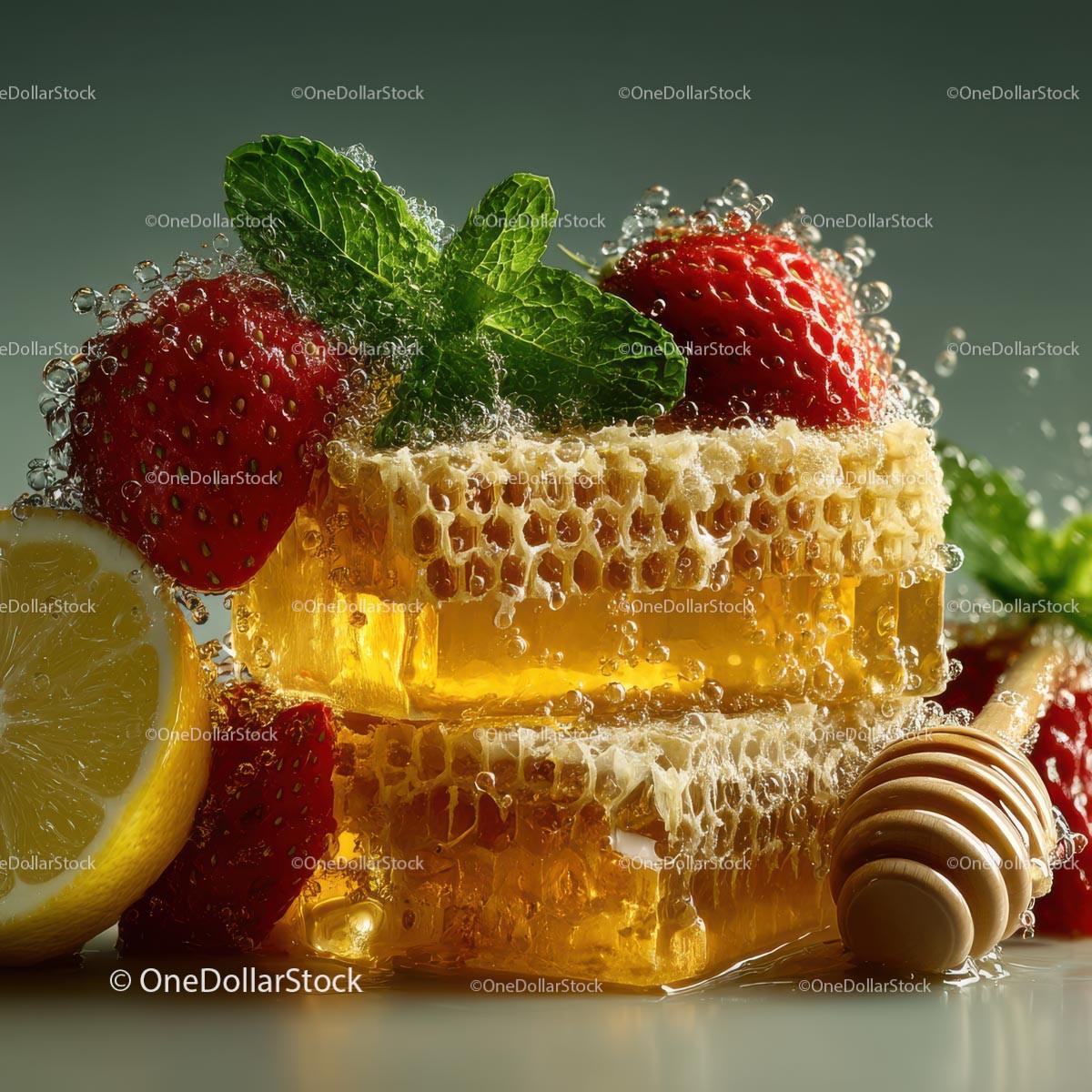 Fresh Honeycomb with Strawberries and Lime Garnish Stock Photo Bundle preview 14