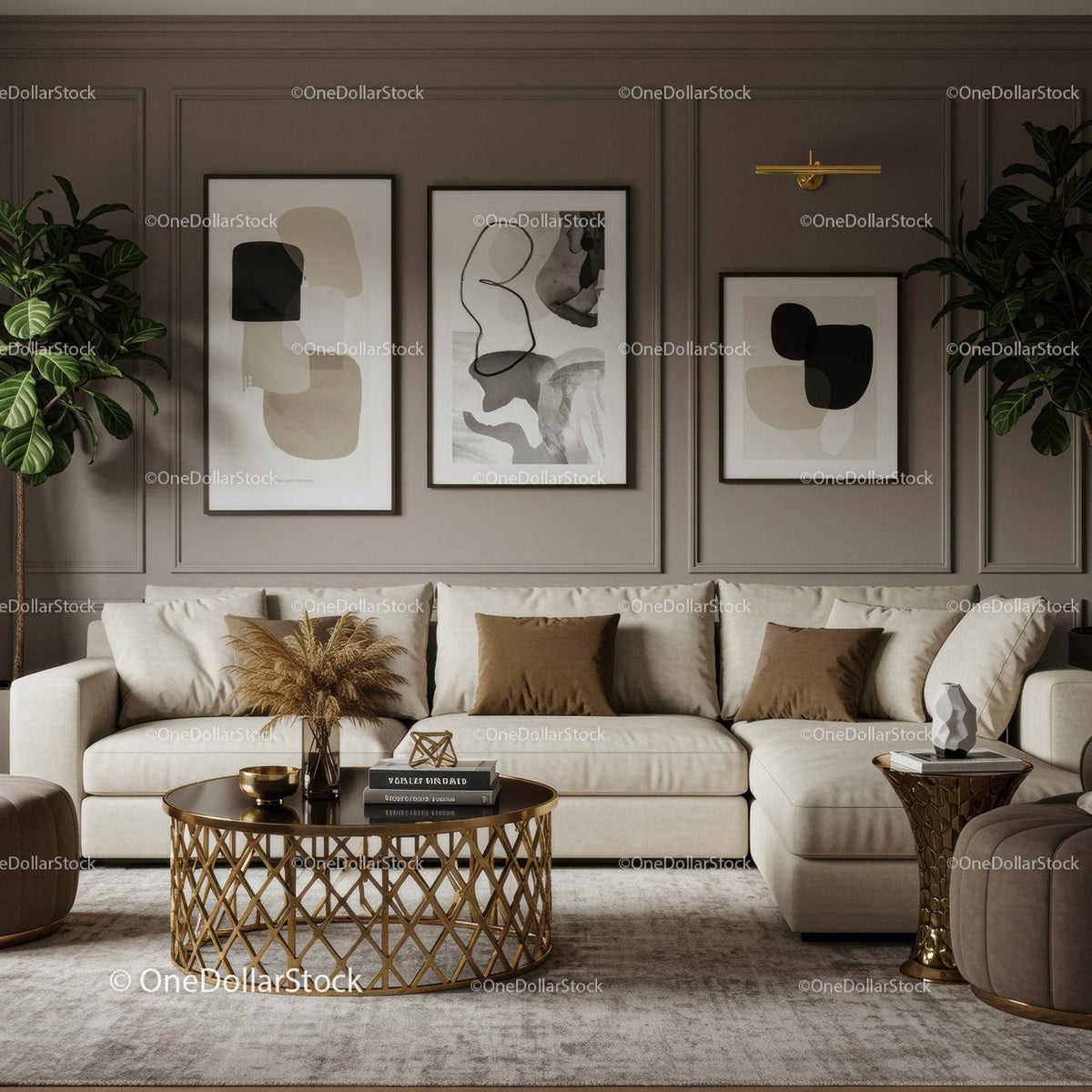 Elegant neutral living room with modern art and gold accents