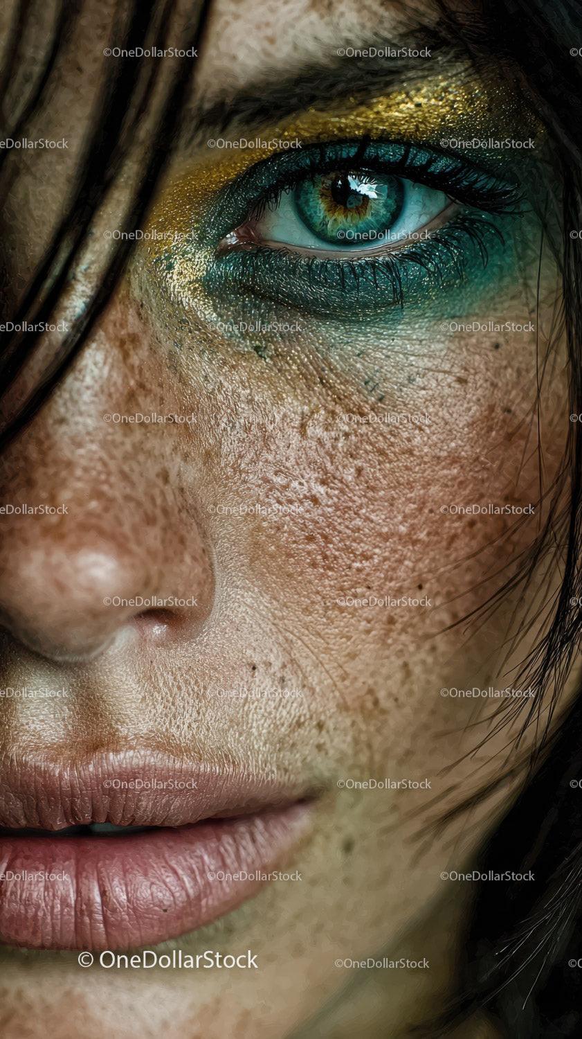 Close-up of Human Eye with Bright Blue Colors and Vibrant Makeup