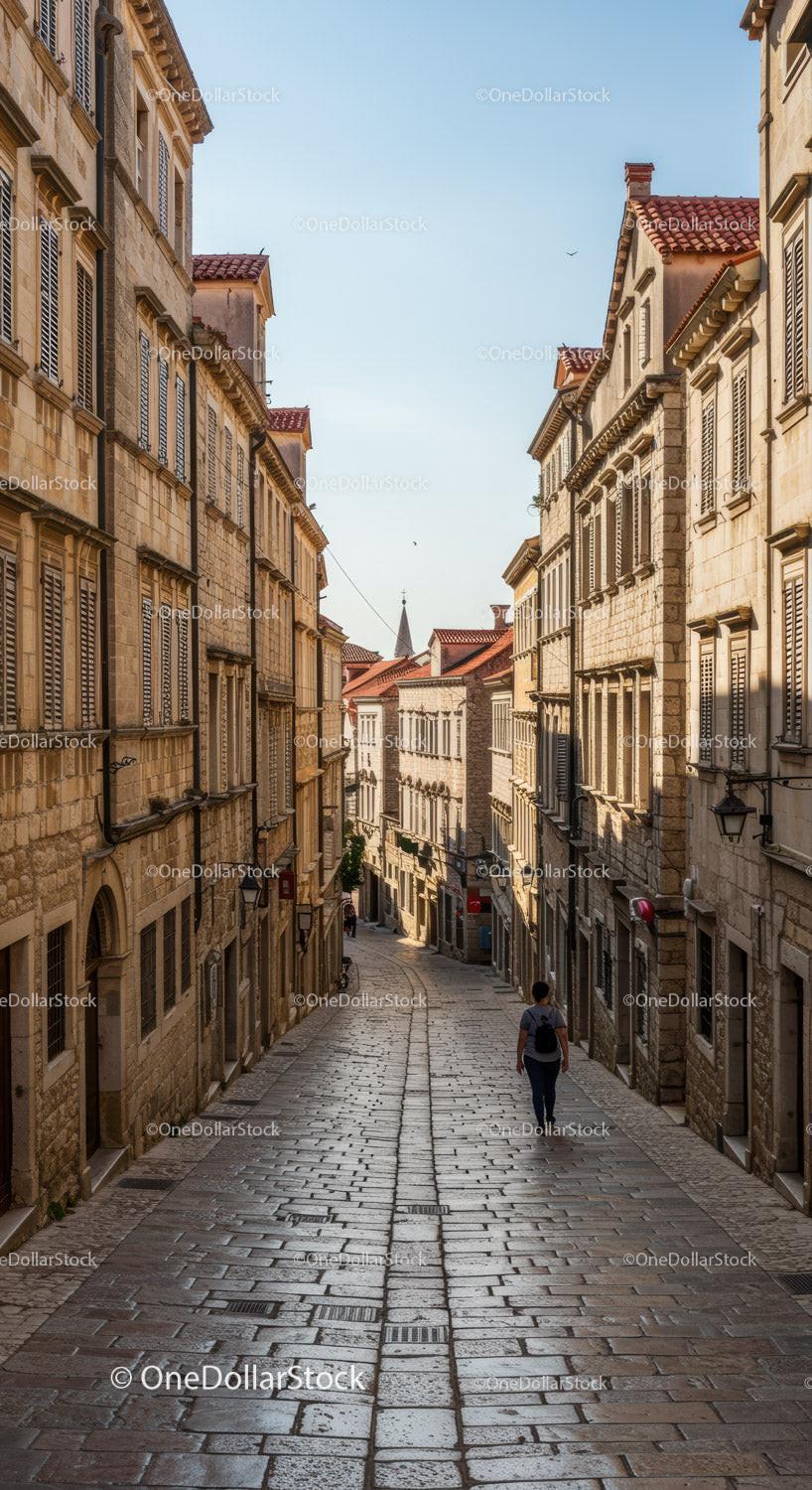 Narrow cobblestone street with historic buildings in a European city