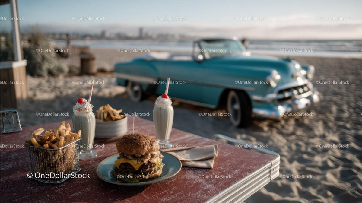 Beachside Cheeseburger French Fries and Milkshake with Classic Car Stock Photo Bundle preview 44
