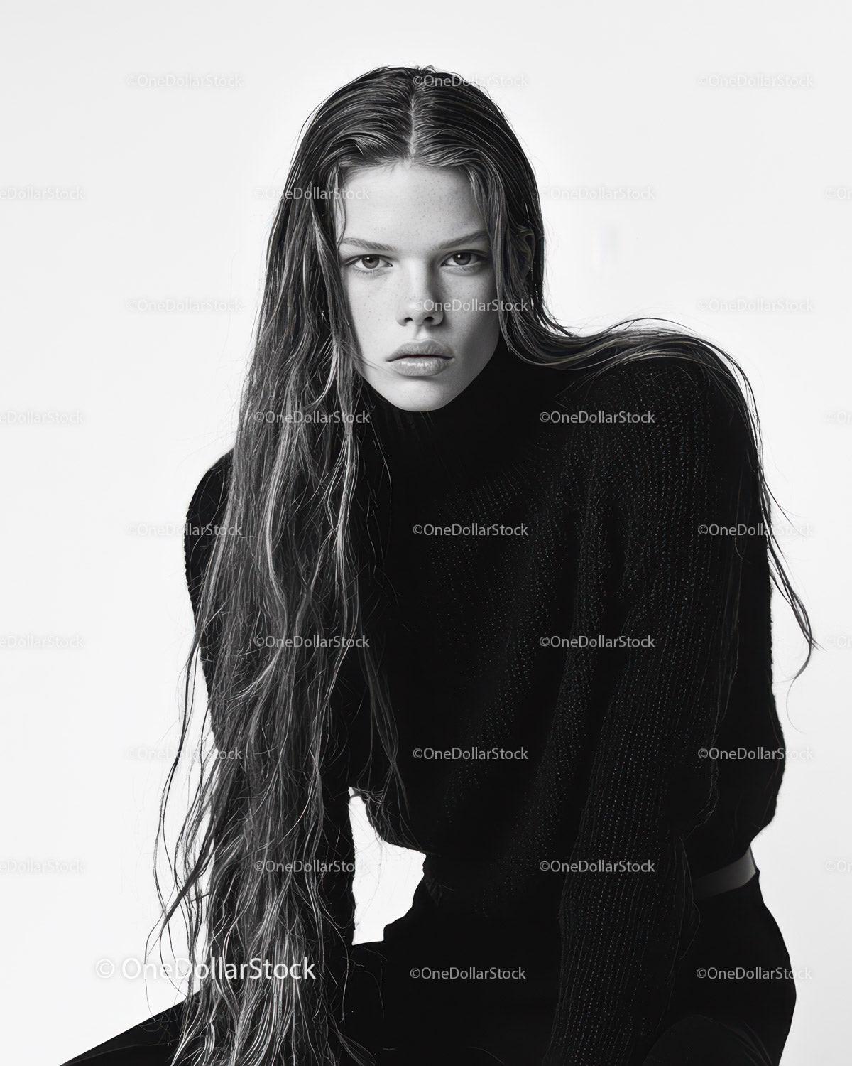Fashion Model Portrait in Black Turtleneck with Wet Hair