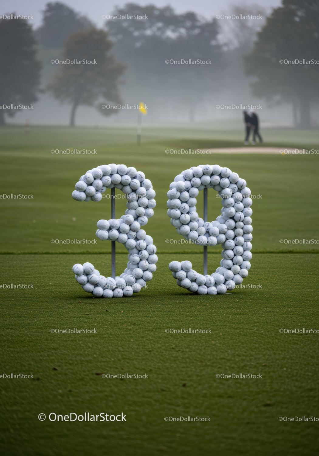Golf balls arranged in numbers on misty course