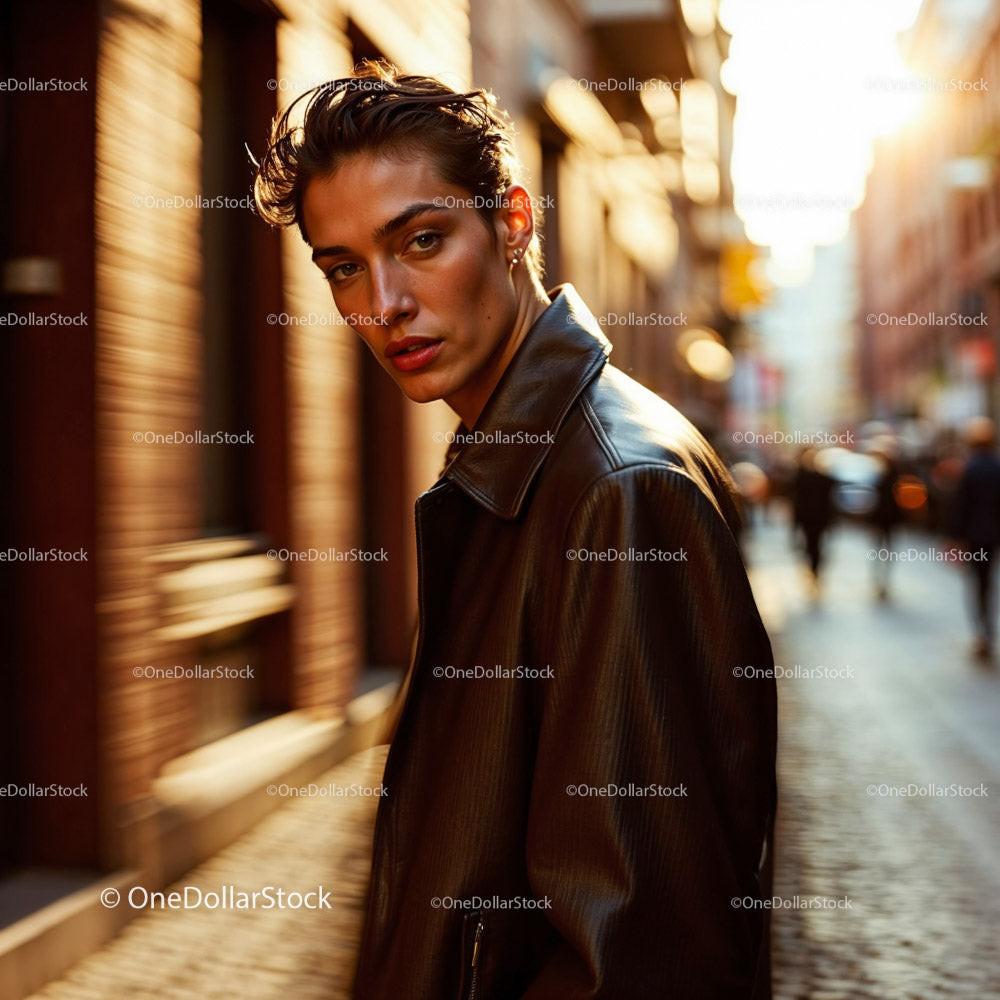 Chic Woman in Brown Coat Walking Through Busy City Street Stock Photo Bundle preview 12