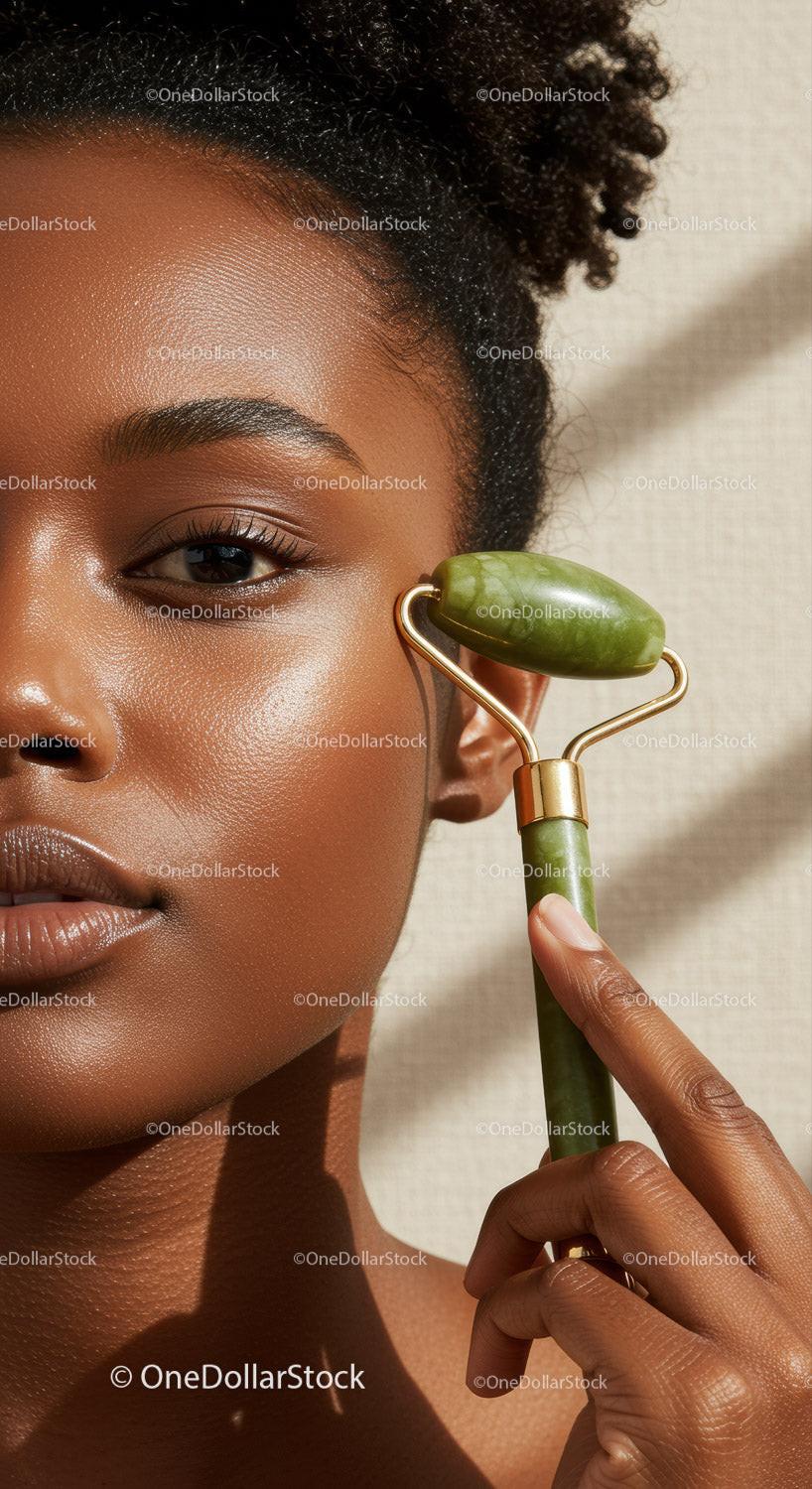 Close-Up of a Woman Using Jade Roller for Glowing Skin and Facial Rejuvenation