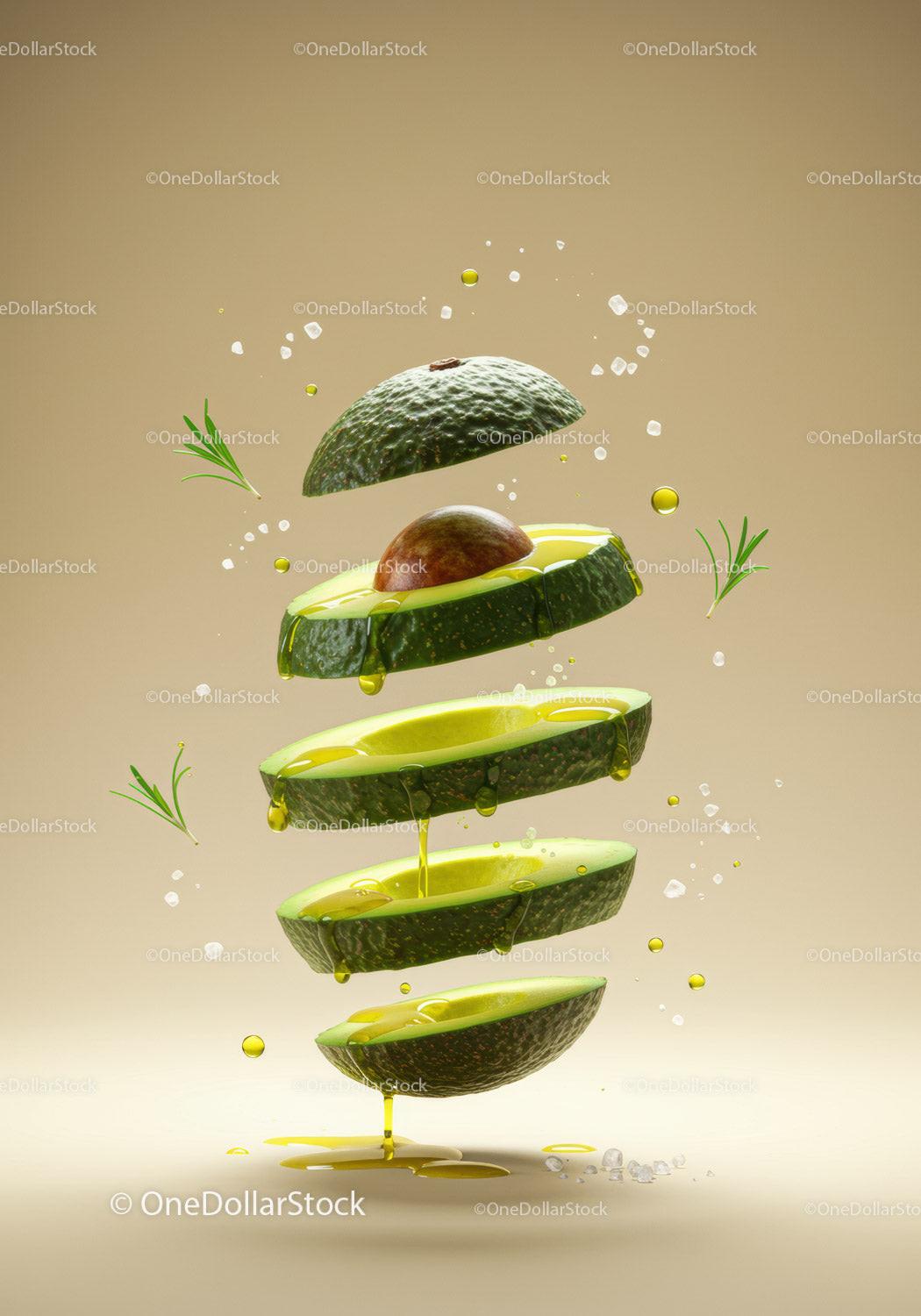 Floating sliced avocado with dripping oil and herbs