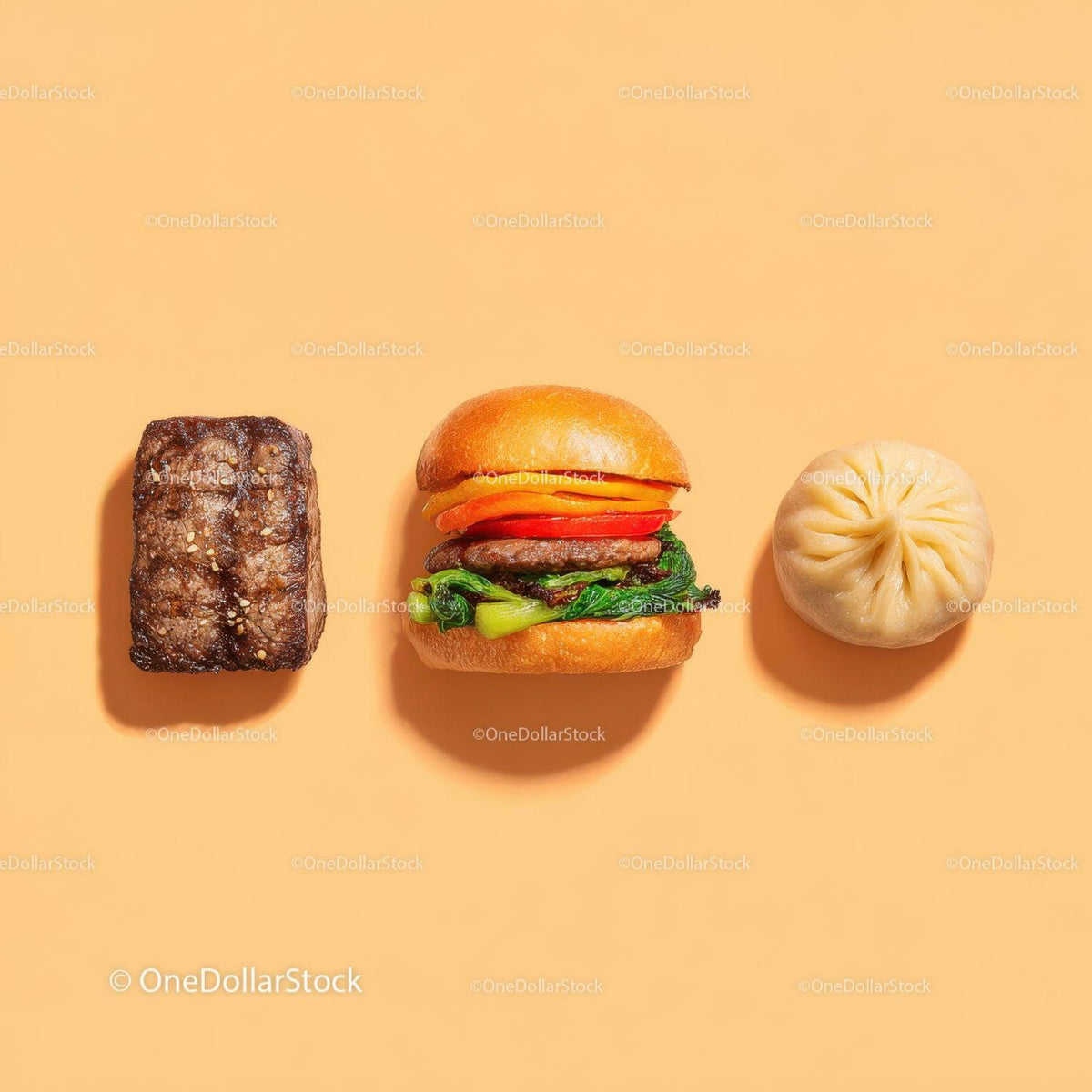 Gourmet Burger with Lettuce and Tomato Next to Grilled Steak and Dumpling Stock Photo Bundle preview 12