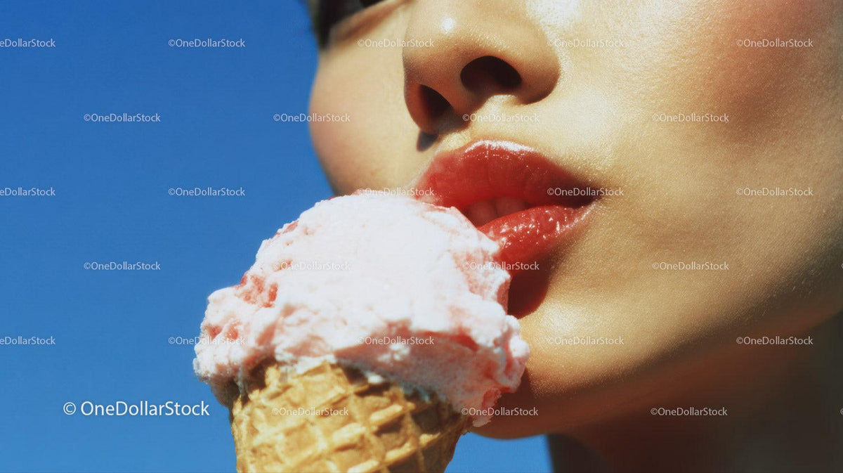 Close-Up of Woman Licking Strawberry Ice Cream Cone in Summer