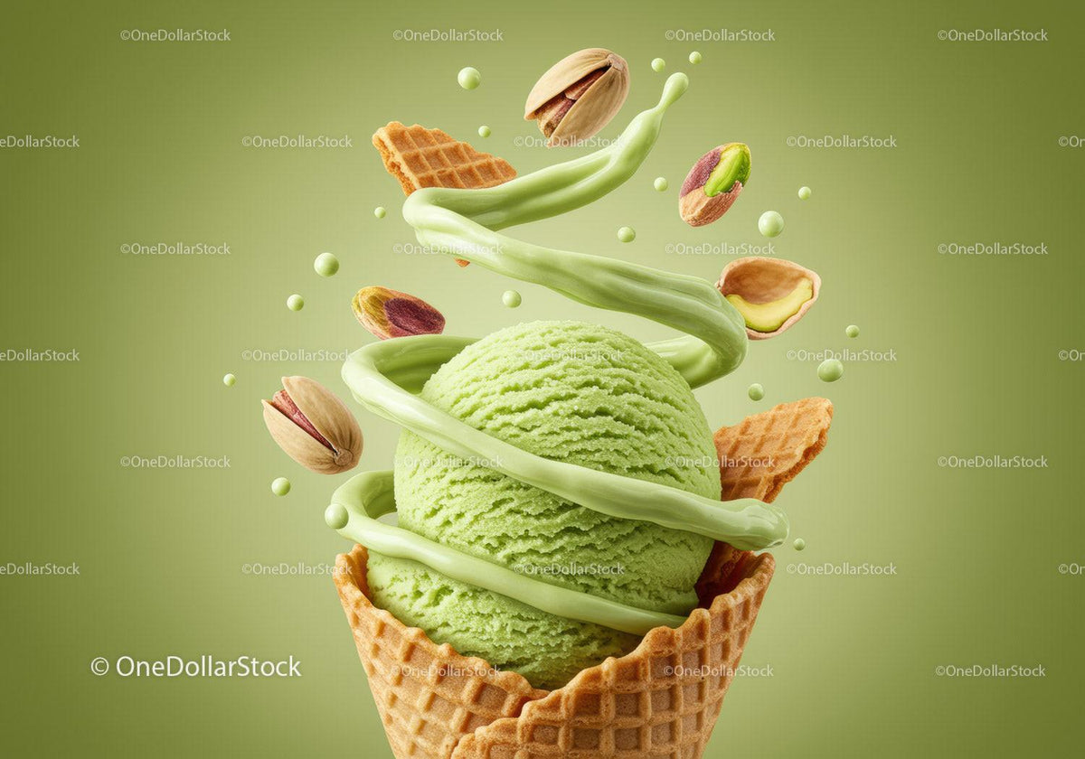 Pistachio Ice Cream Scoop with Nuts and Waffle Cone