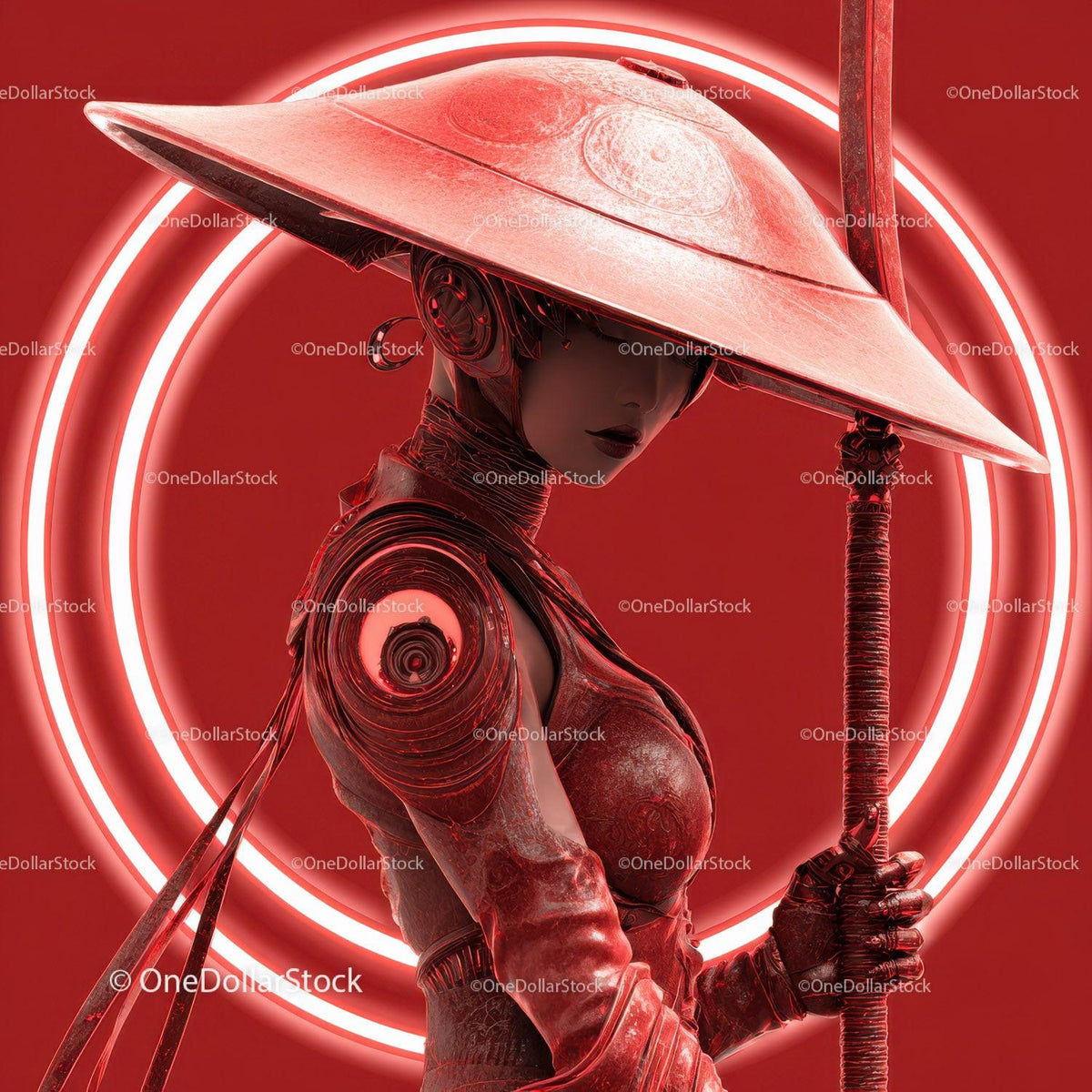 Futuristic Samurai in Neon Red Armor Holding Umbrella 39 JPG Files digital asset preview