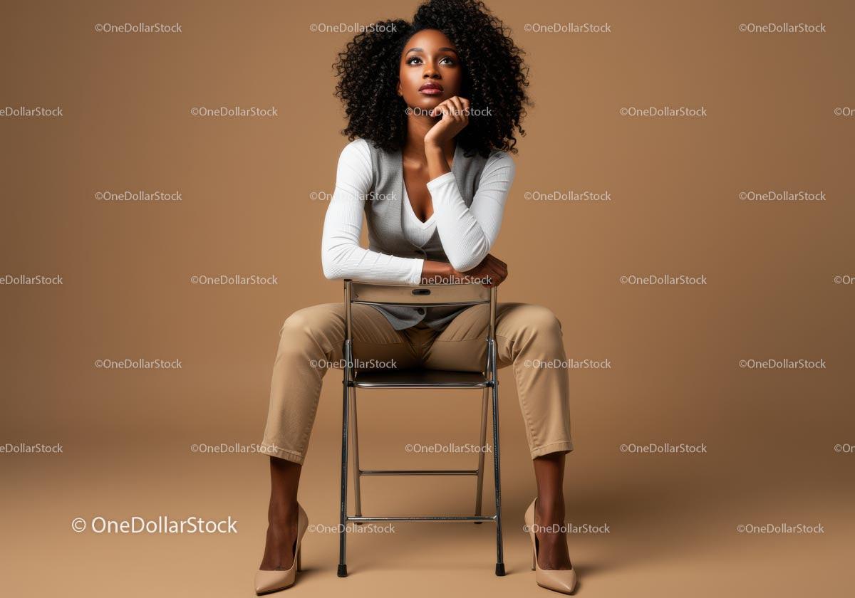 Thoughtful Woman Seated in Elegant Attire Against Brown Background Stock Photo Bundle preview 10