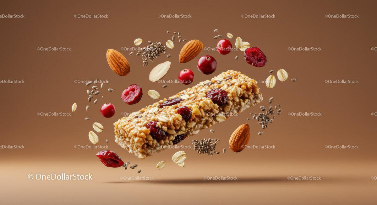 Healthy granola bar with nuts and dried berries floating