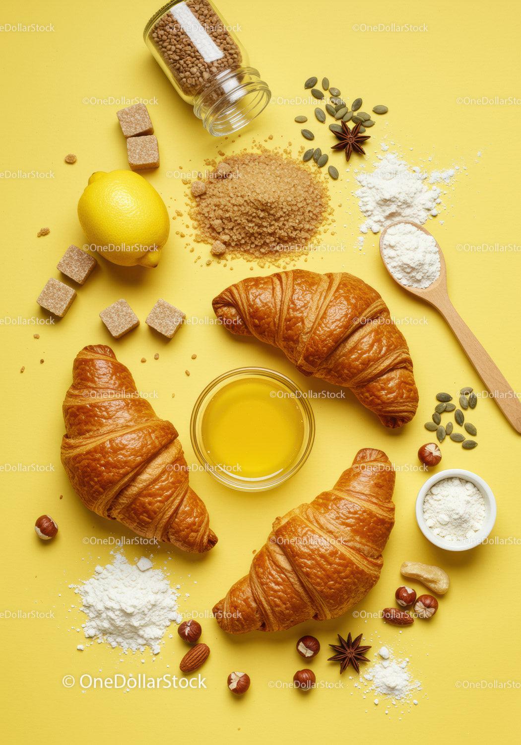 Freshly baked croissants with honey and baking ingredients