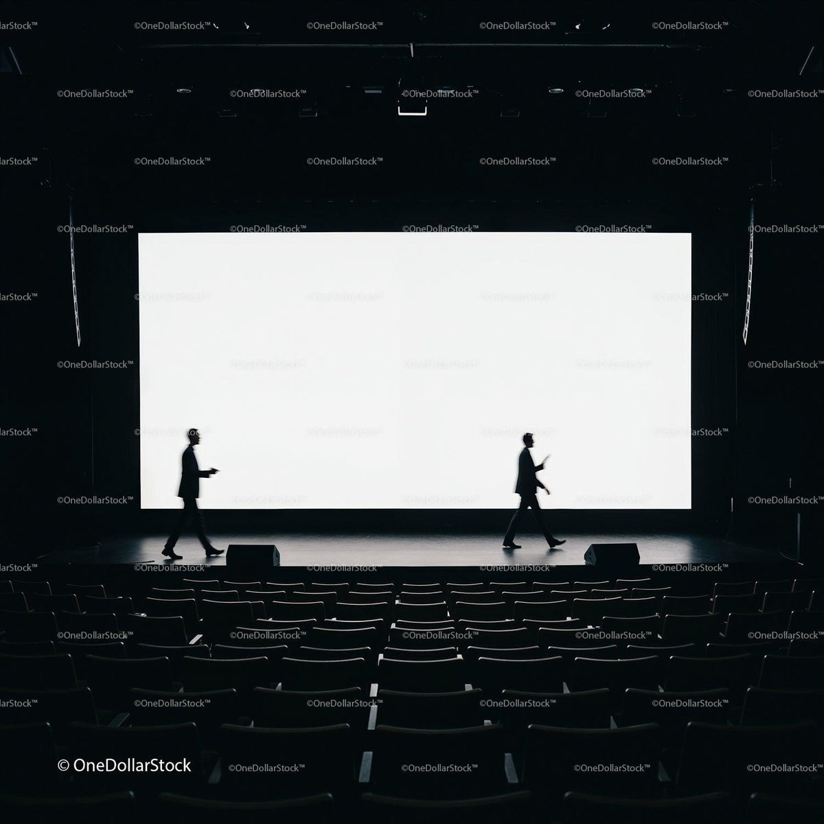 Silhouettes of Speakers Crossing Stage in Dark Auditorium JPG Mockup Image preview
