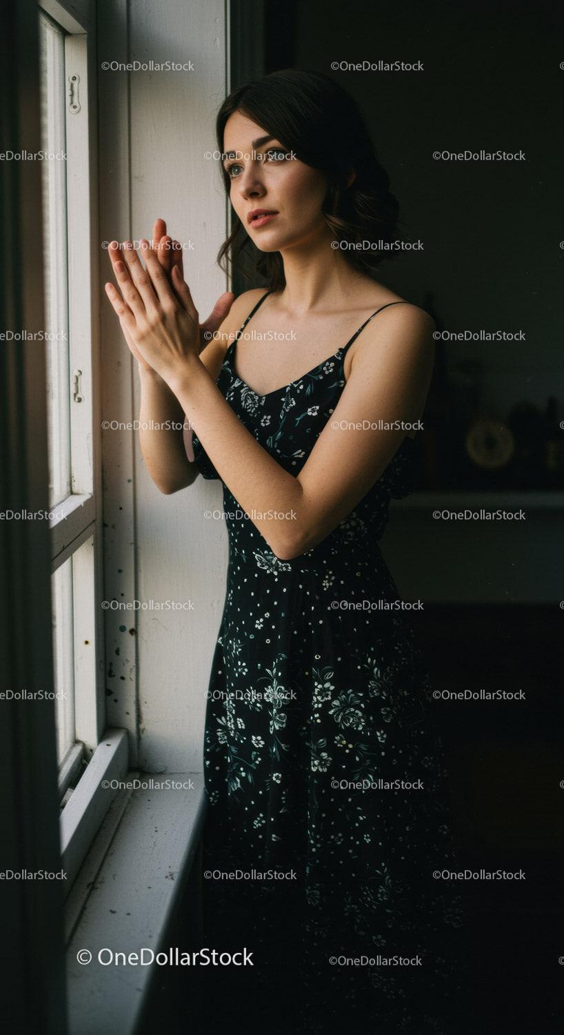 Young woman standing by window in thoughtful moment