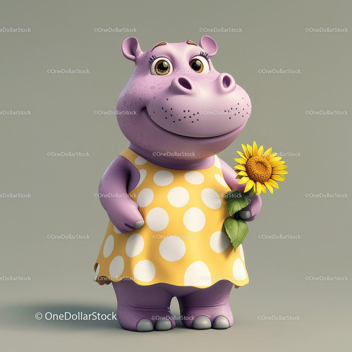 3D cartoon purple hippo in yellow polka dot dress holding sunflower