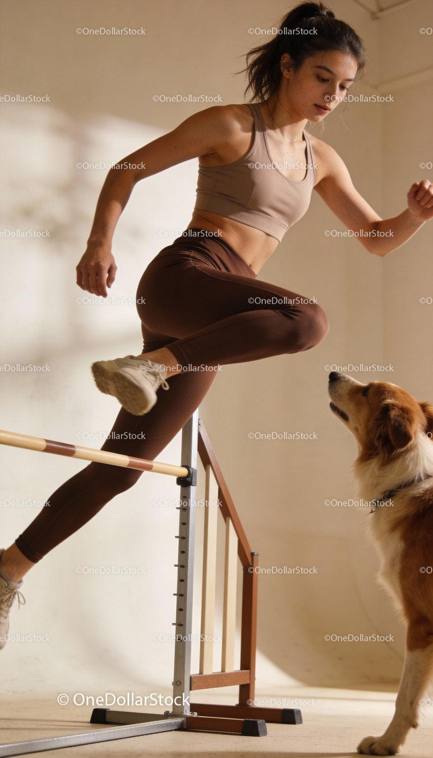 Active woman training dog with agility jump indoors
