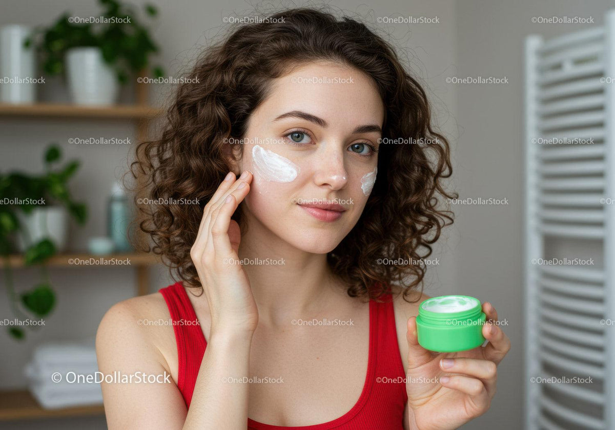 Young Woman Applying Face Cream with Skincare Products in Bathroom