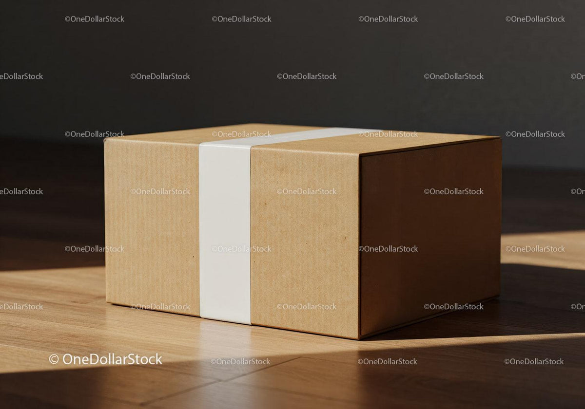 Minimalist brown cardboard box on wooden floor JPG Mockup Image preview