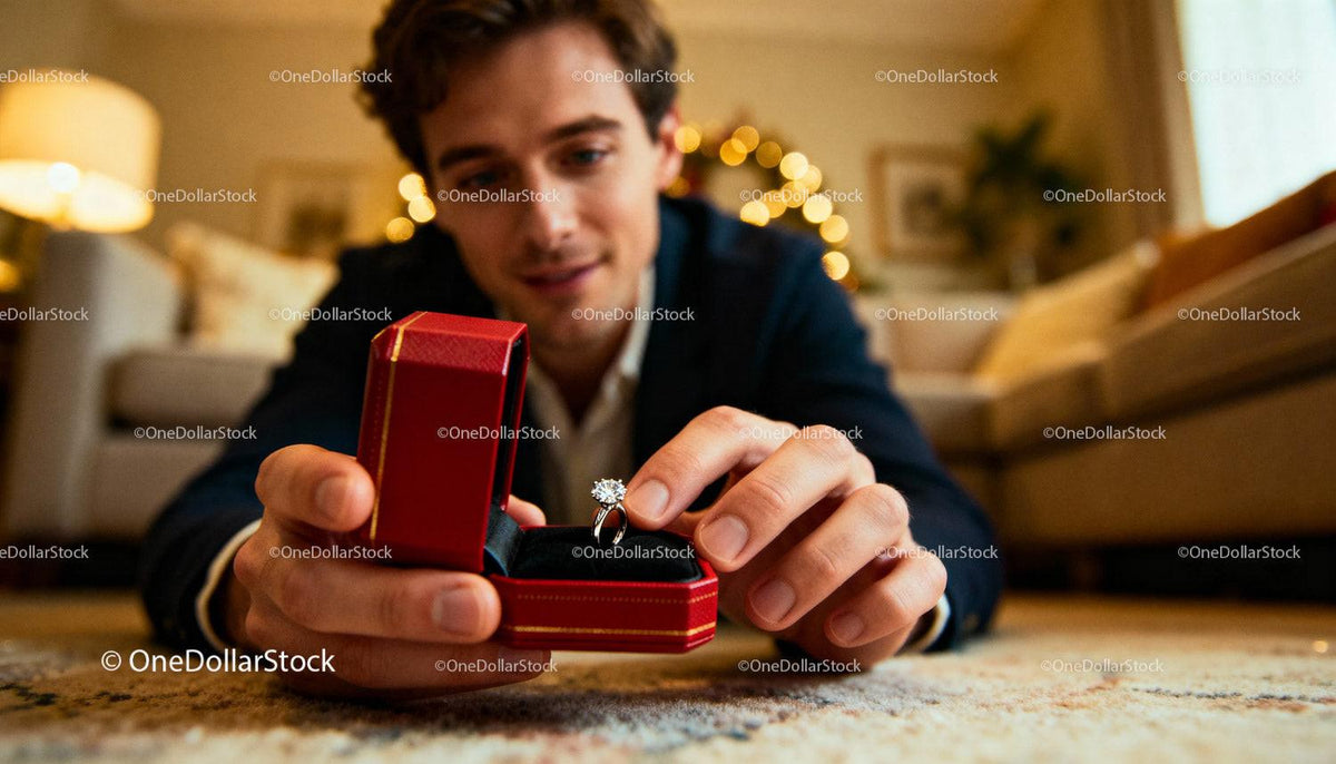 Man holding an engagement ring in a red box