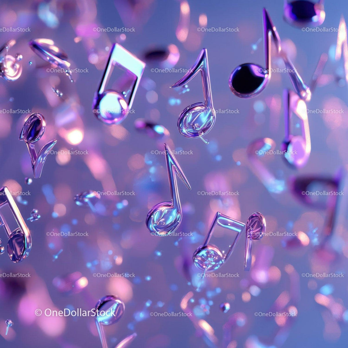 Glossy transparent 3D music notes floating with purple and pink lighting