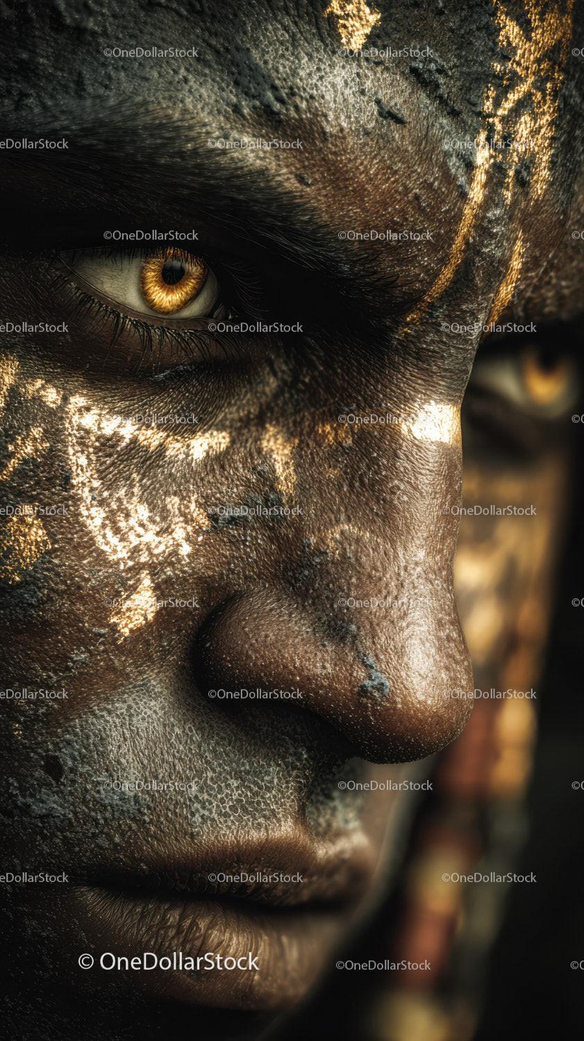 Close-up of An African Tribal Face with Gold Metallic Body Art Stock Photo Bundle creative preview 4