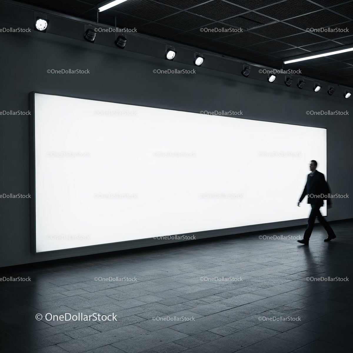 Man Walking Past Large Illuminated Advertising Display JPG Mockup Image preview