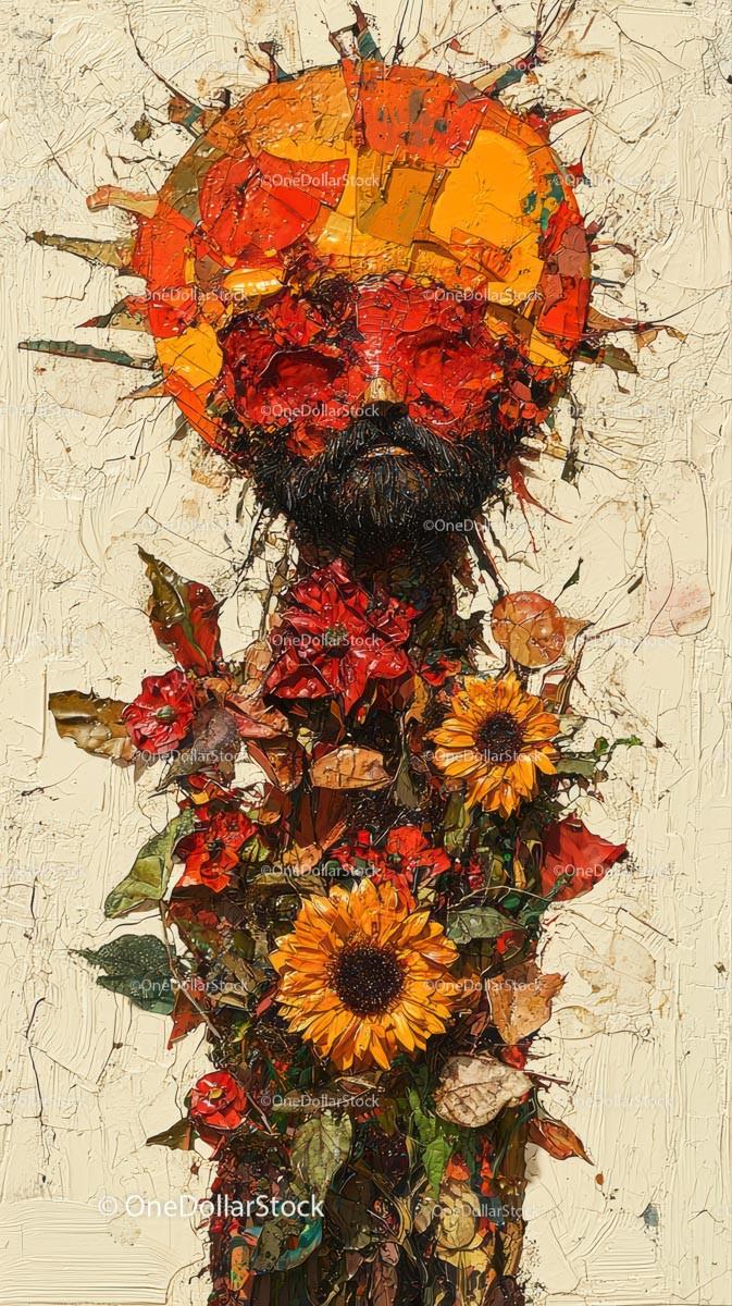 Abstract Colorful Portrait with Floral Elements and Textured Style