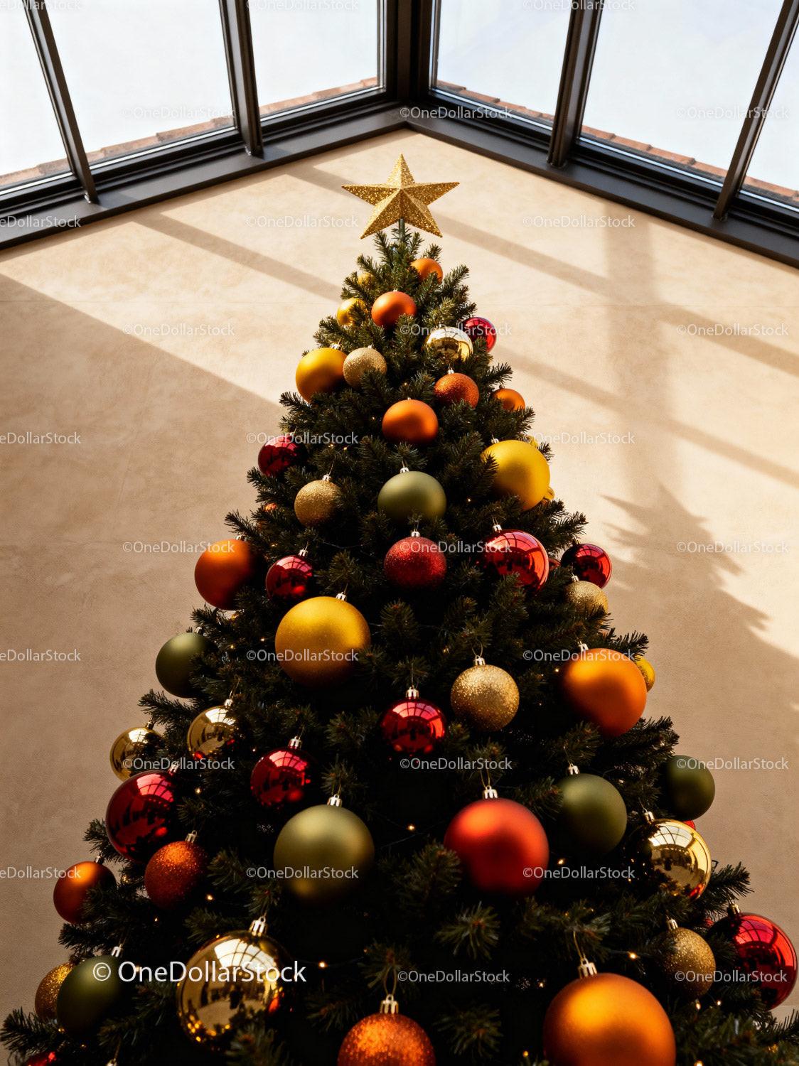 Elegant Christmas tree decorated with colorful baubles and star