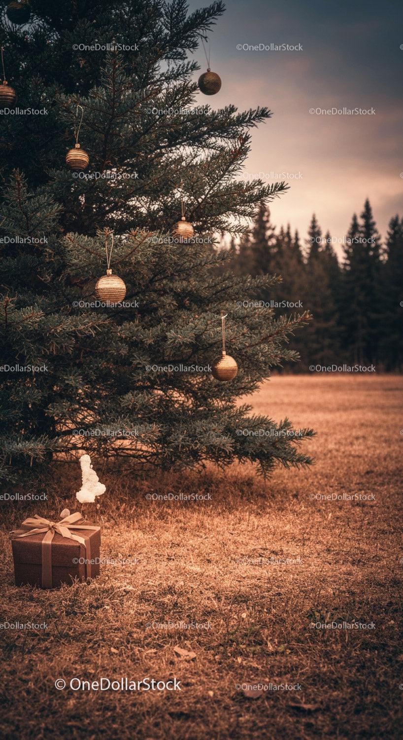 Rustic Outdoor Pine Tree Decorated with Ornaments