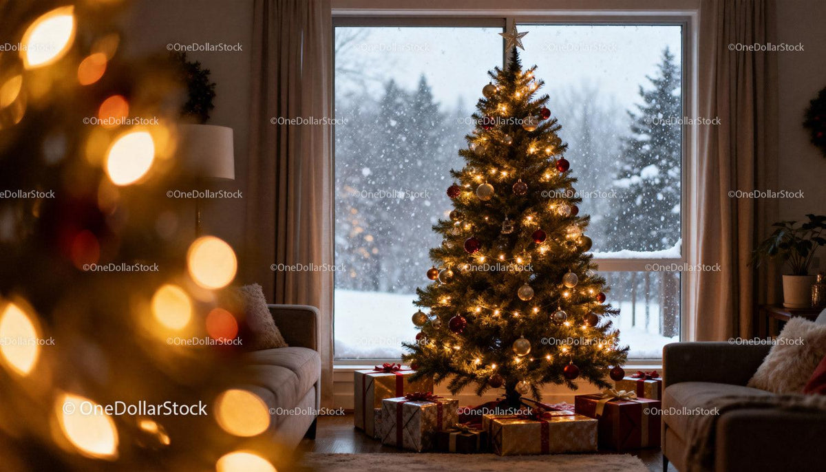 Cozy living room with decorated Christmas tree and gifts