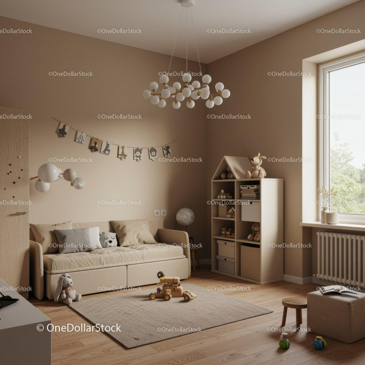 Minimalist Beige Kids Room with Natural Wood and Soft Lighting