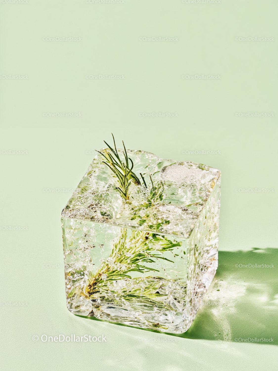 Fresh herb encased in translucent ice cube on green