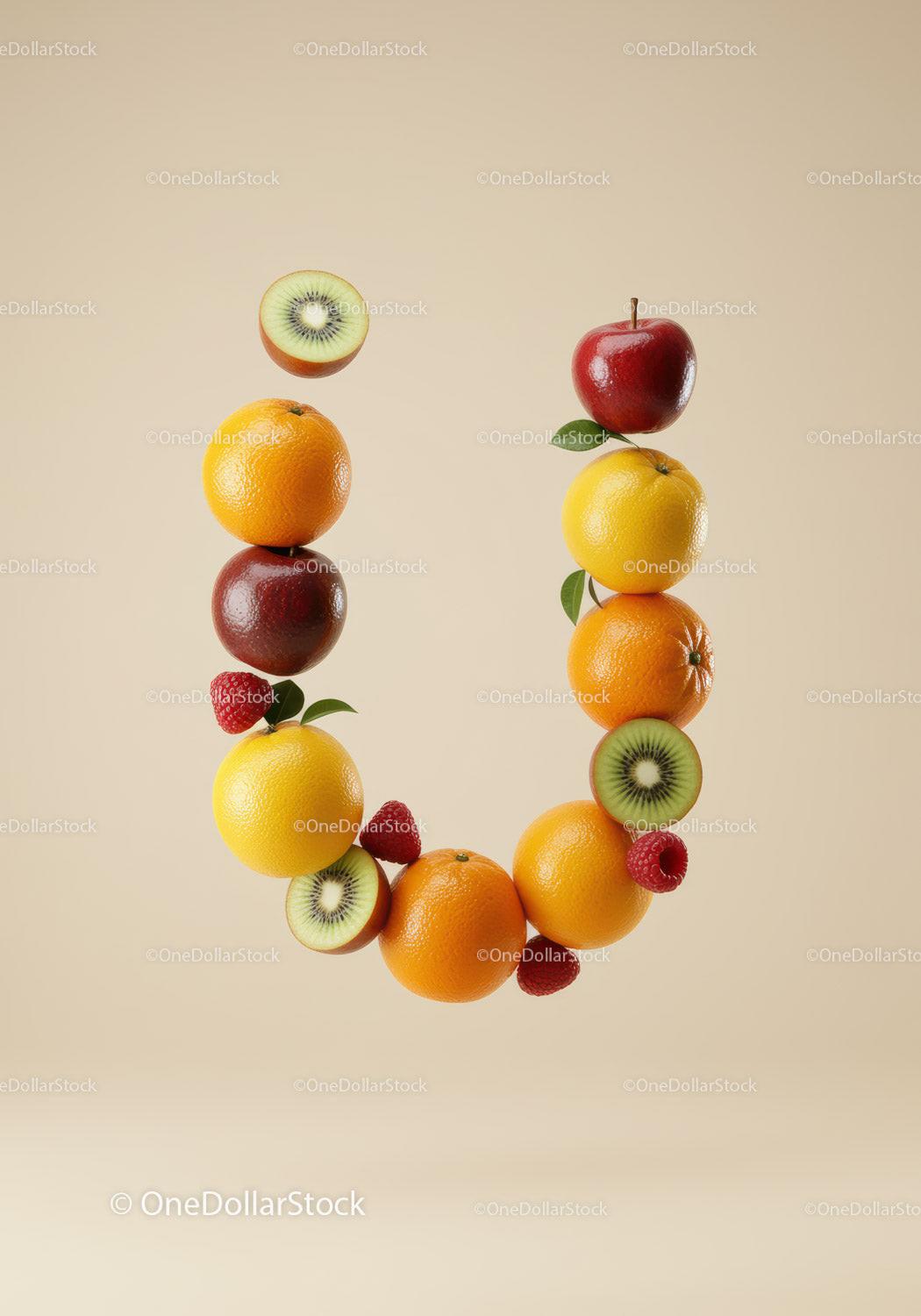 Colorful fresh fruits forming a stylish letter U