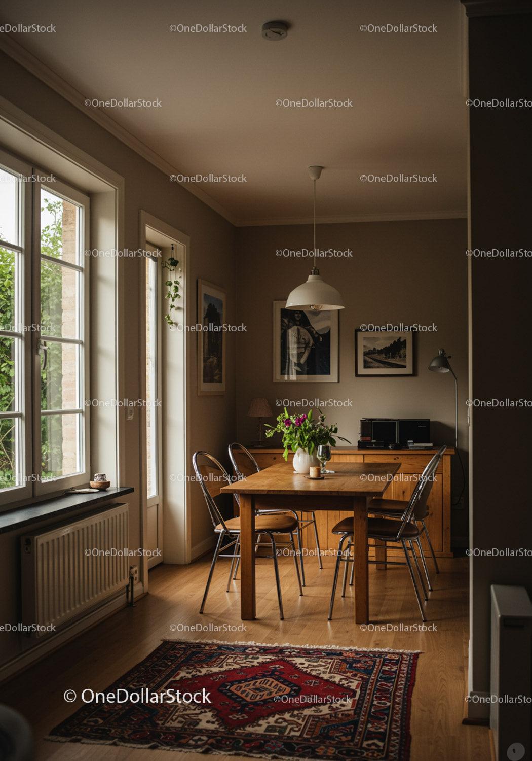 Cozy Dining Area with Natural Light and Wooden Furniture