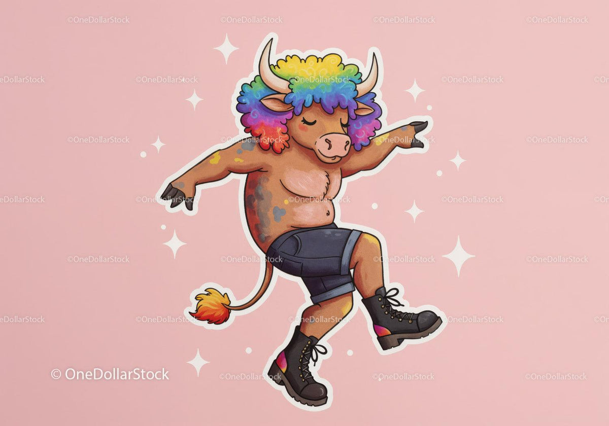 Colorful Cartoon Bull with Rainbow Hair in Funky Streetwear Stock Photo Bundle preview 27