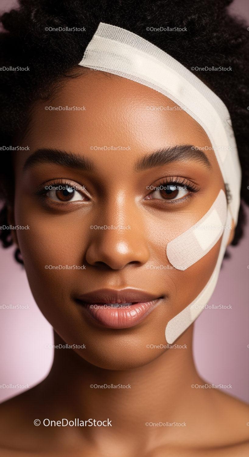 Close-up Portrait of a Young Woman with Bandages on Face Highlighting Skin Care