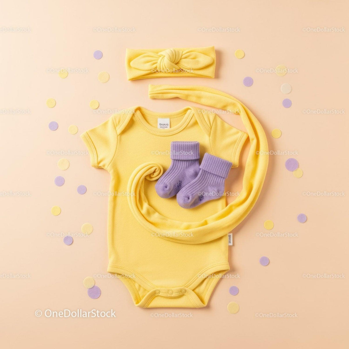 Yellow Baby Onesie Set with Purple Socks and Headband