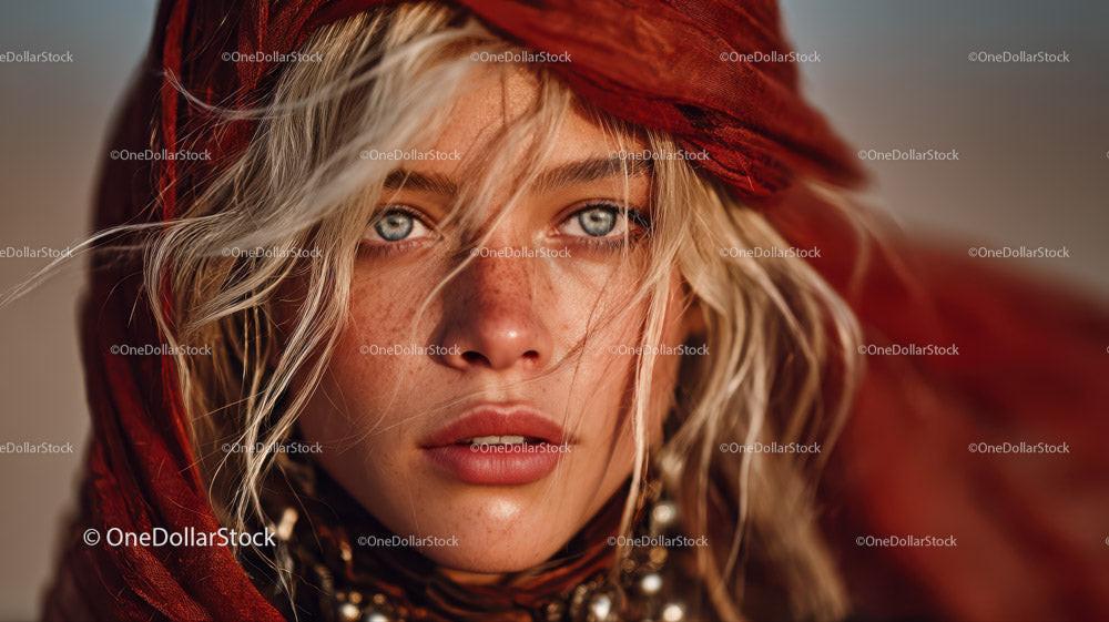 Intense Portrait of a Young Woman with Blue Eyes and Bohemian Style