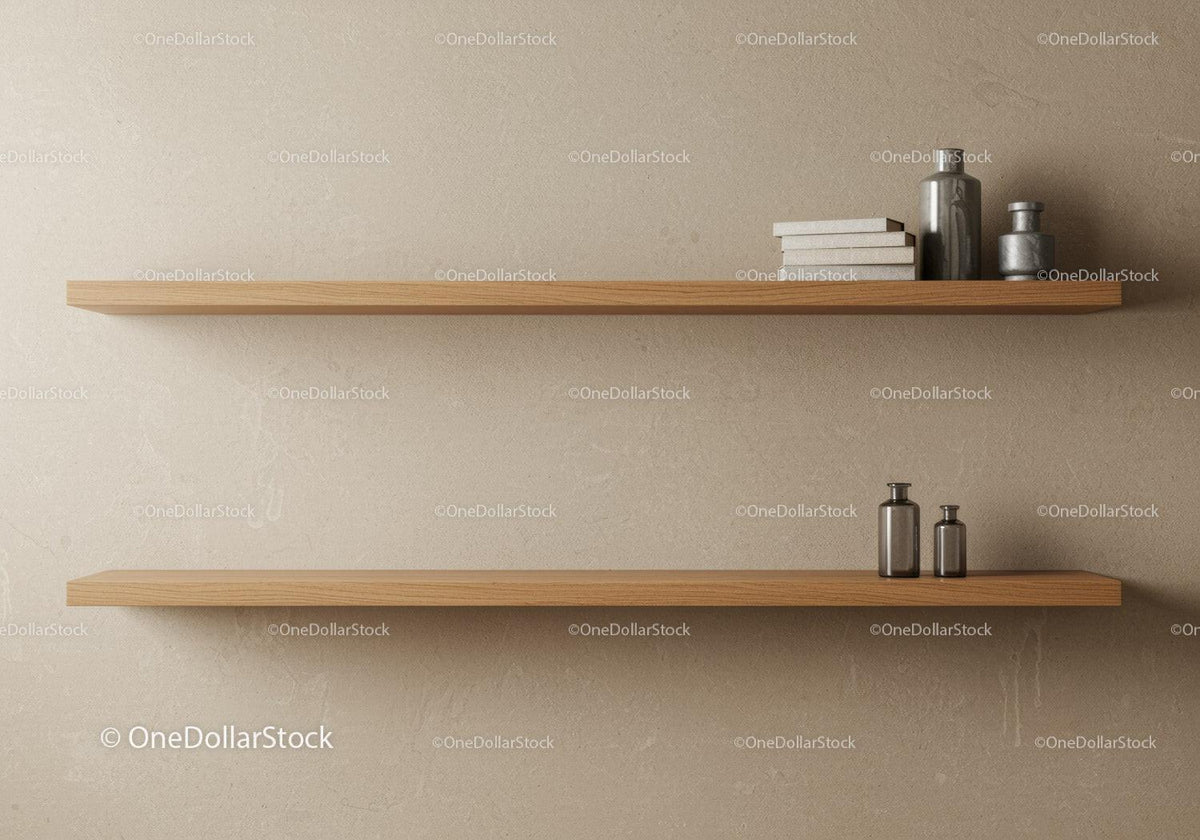 Modern Wooden Wall Shelves with Decorative Bottles and Books