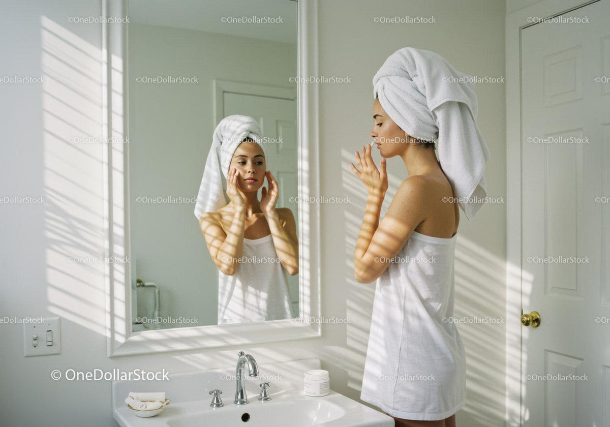 Woman Perfecting Skincare Routine in Bright Bathroom Mirror