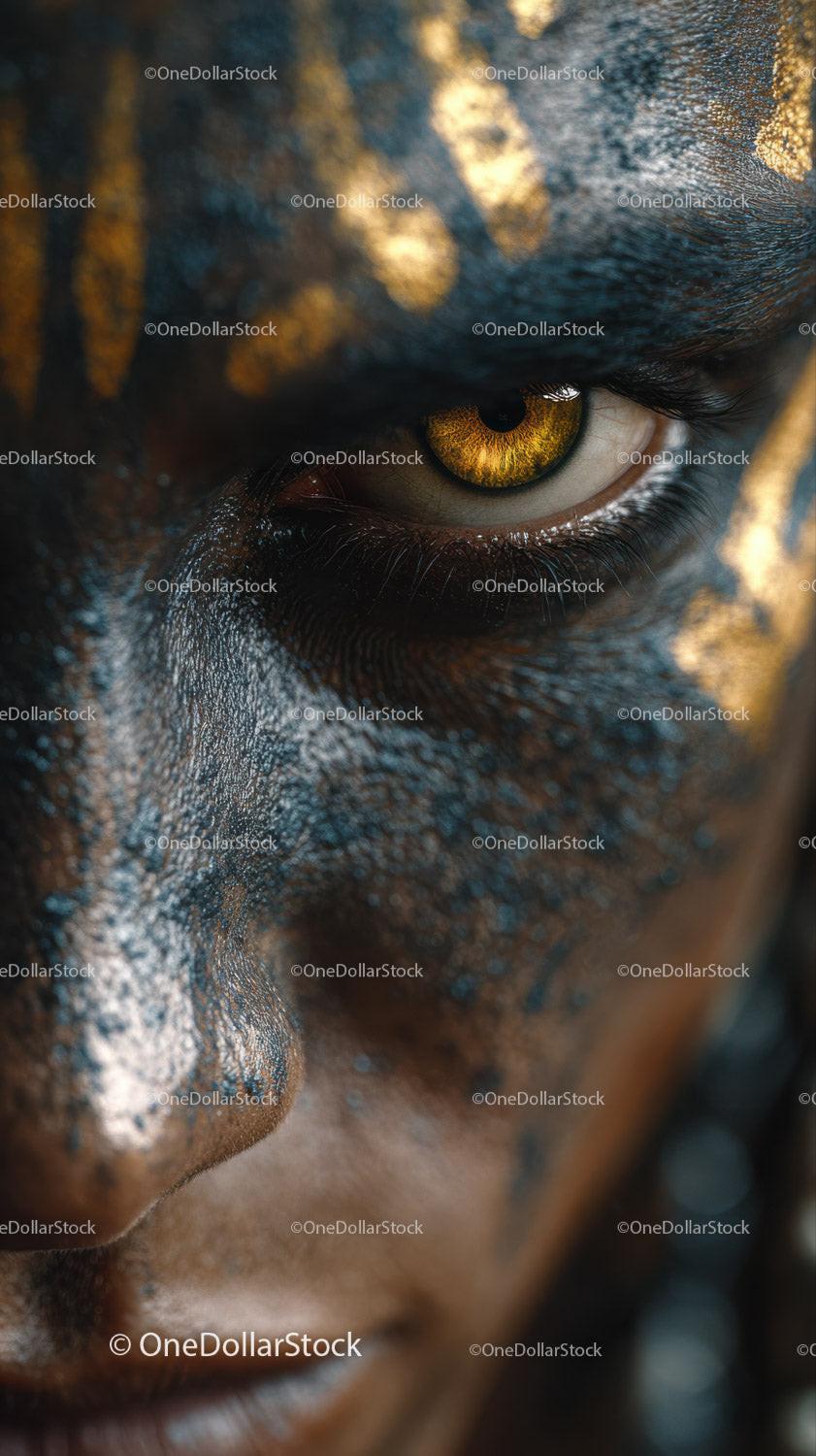 Close-up of An African Tribal Face with Gold Metallic Body Art Stock Photo Bundle preview 29