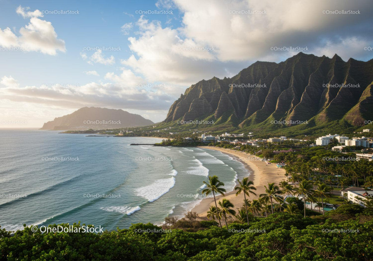 Tropical Beach with Mountain Range and Ocean Waves Scenic Landscape