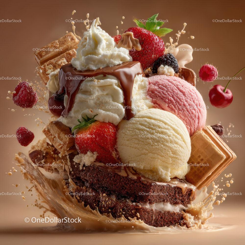 Assorted Ice Cream Sundae with Fresh Fruits and Chocolate Drizzle