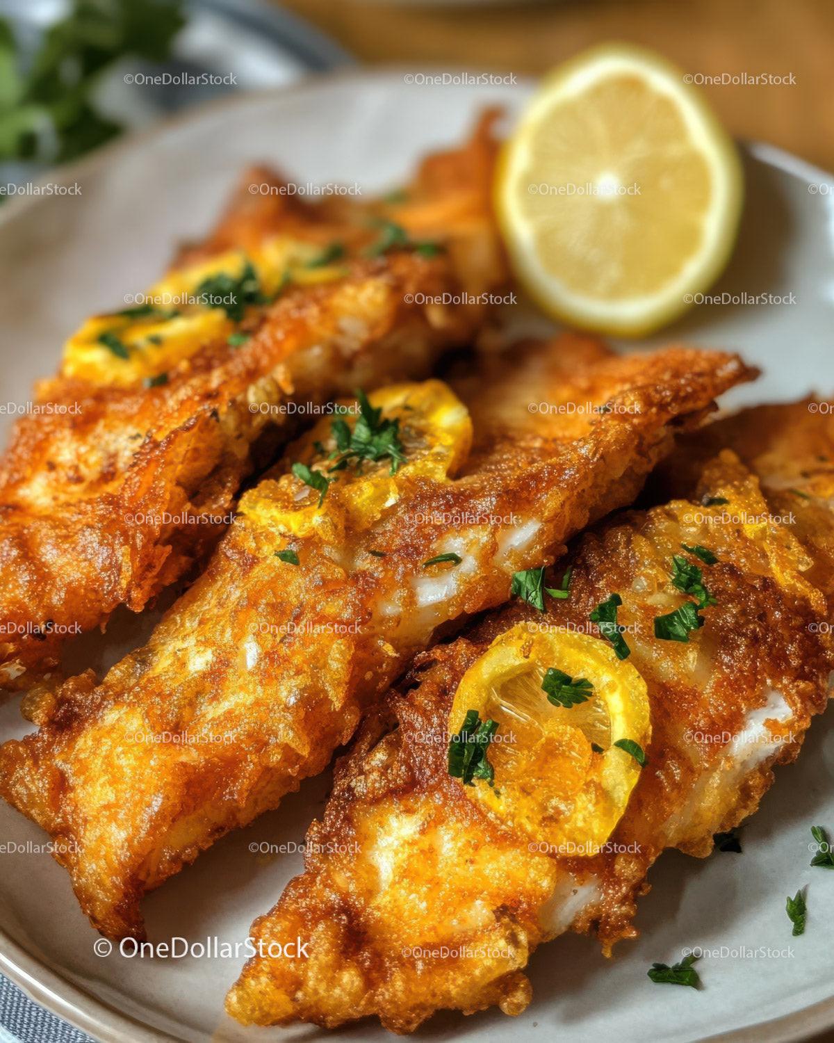 Golden Fried Fish Fillets with Lemon Wedges and Fresh Herbs
