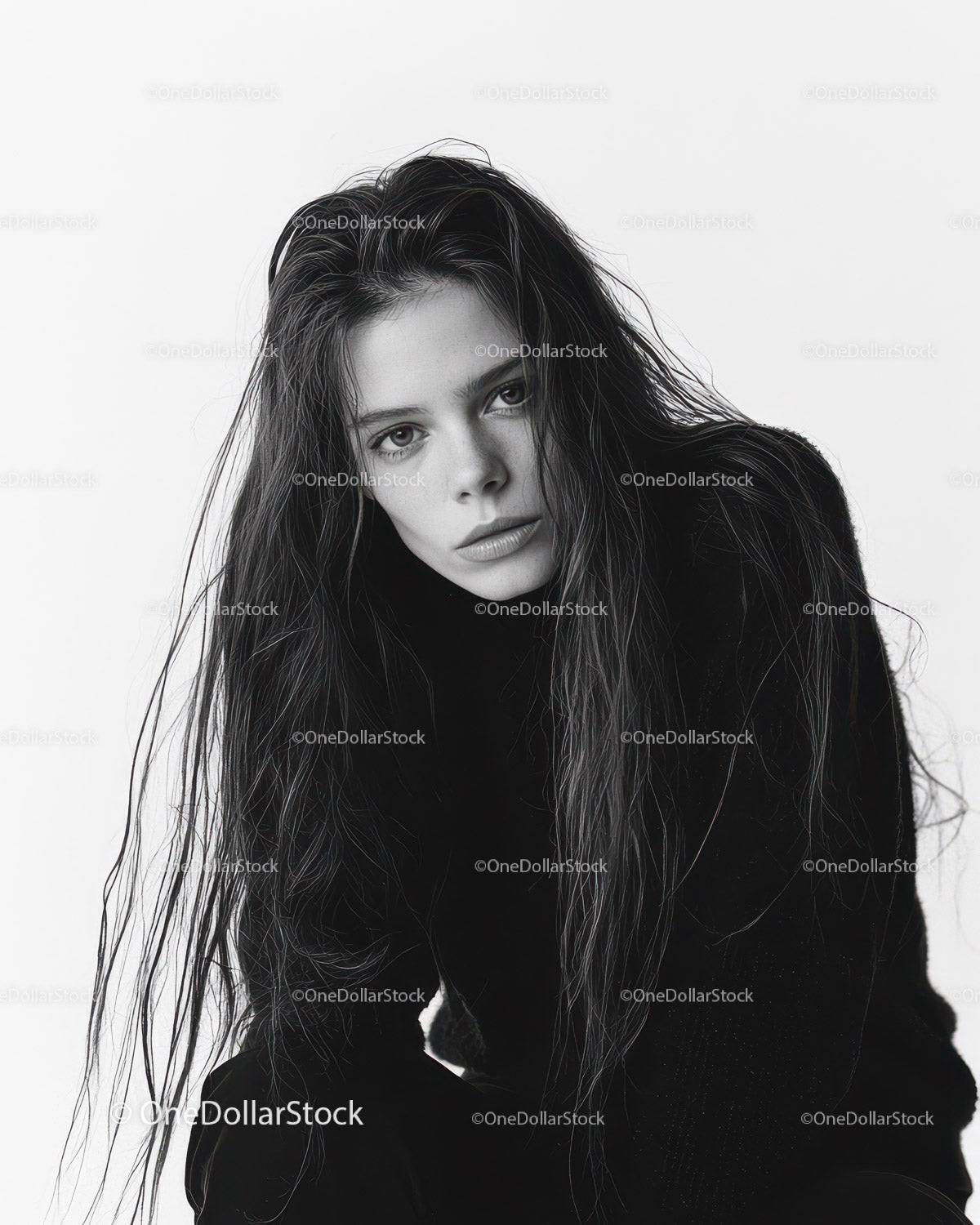 Black and White Portrait of a Young Woman with Wet Hair